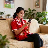 一位三十岁左右的女性足球爱好者，穿着红色球队围巾，坐在客厅沙发上手持手机查看比分